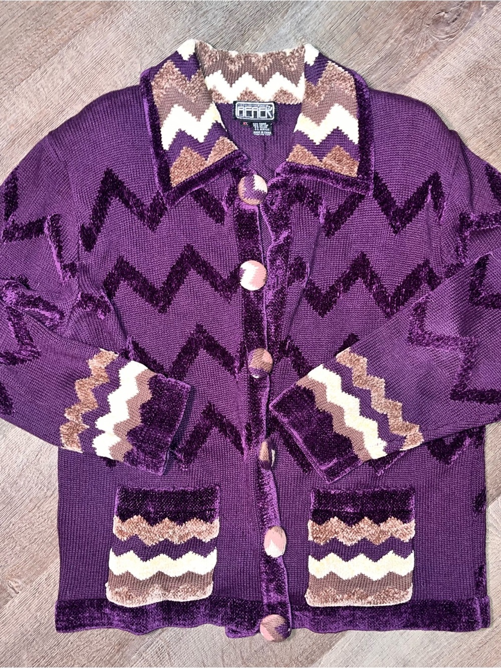 Berek purple chevron knit cardigan sweater women’s XL button front collared vtg